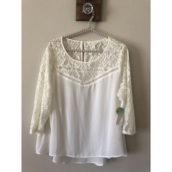 Decree Tops - NWT Decree Juniors Plus Size 1X Cream Lace Trim Blouse 3/4 Sleeve